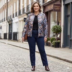 Jessica London Floral Print Genuine Leather Jacket – Elegant Zip-Up Outerwear